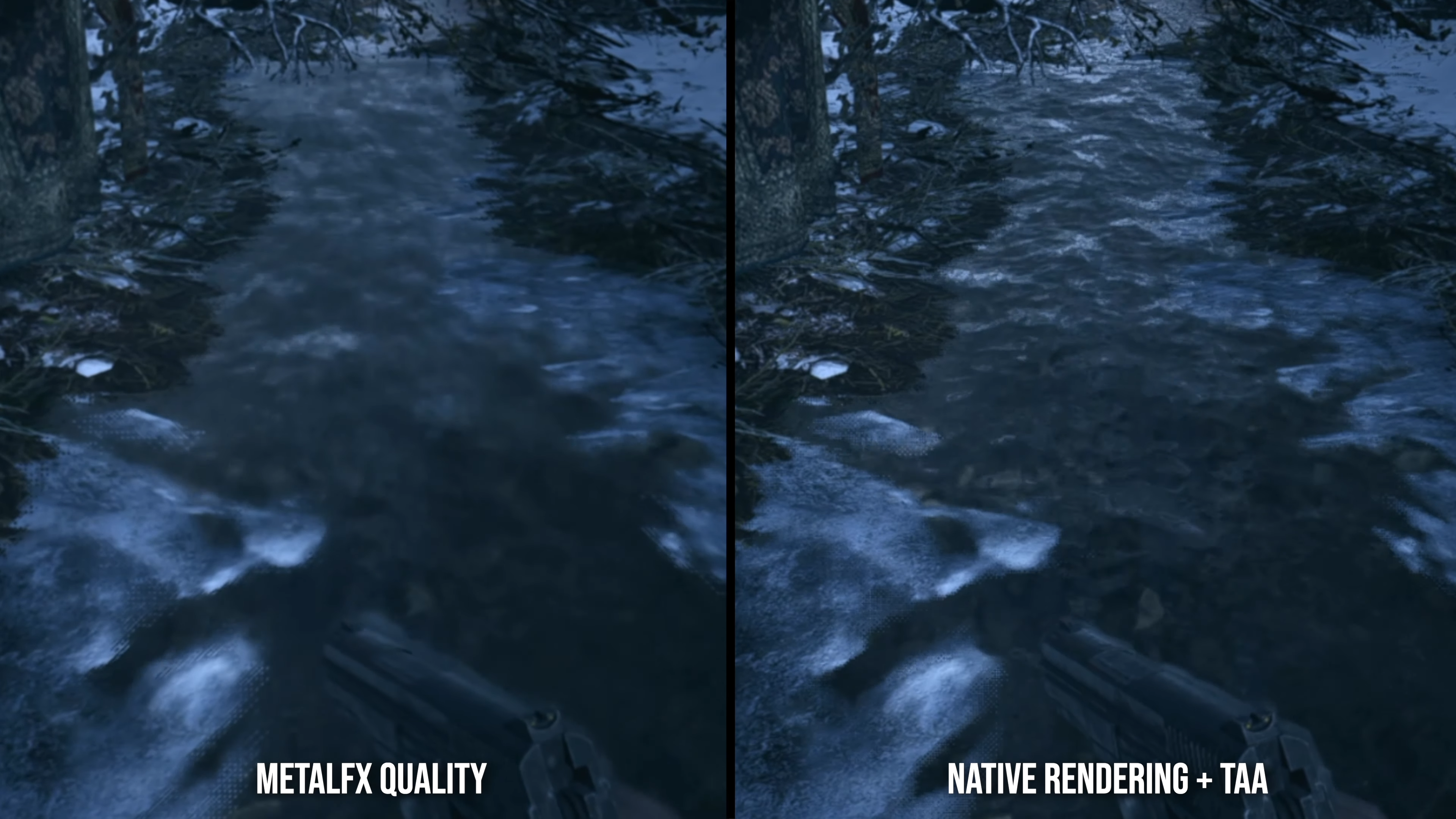 Native res + TAA vs MetalFX quality comparison in RE Village, showing issues with transparencies in MetalFX