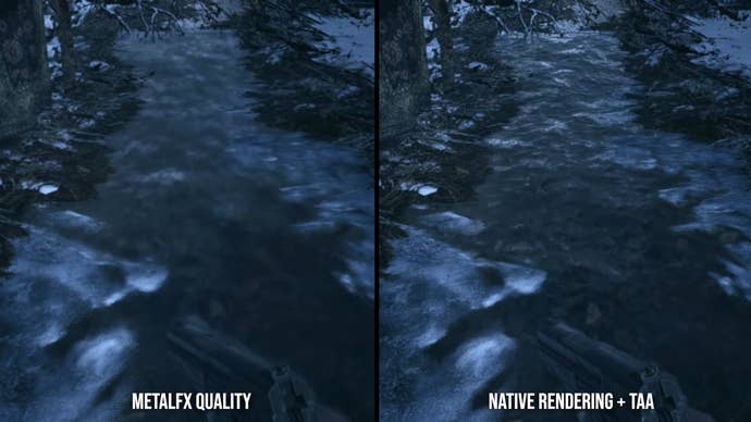 Native res + TAA vs MetalFX quality comparison in RE Village, showing issues with transparencies in MetalFX