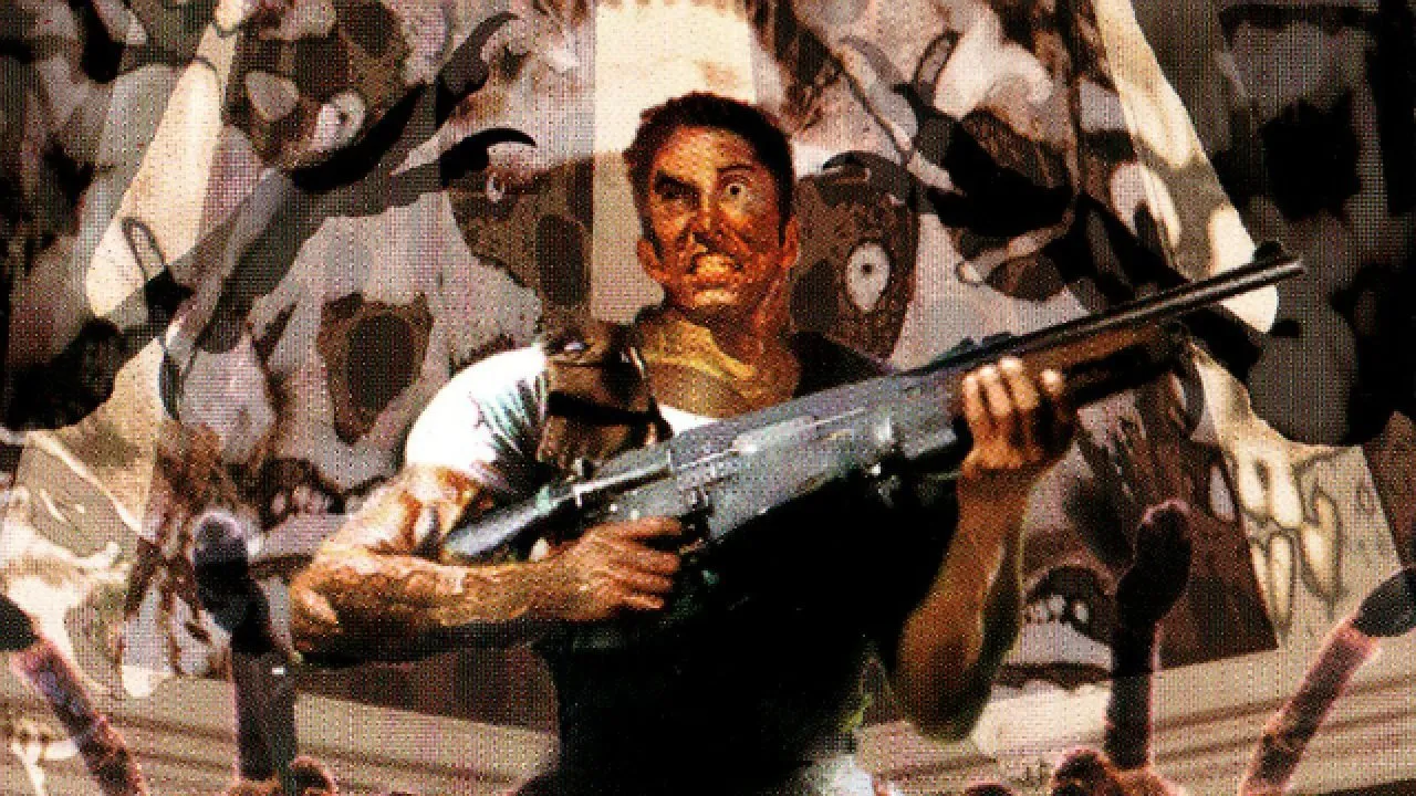 A close-up on cover art of Resident Evil, showing a brawny and scared white man holding a big gun.