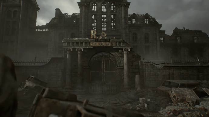 A metropolis successful ruin, a building pinch nan ample letters R.P. supra it, falling off.