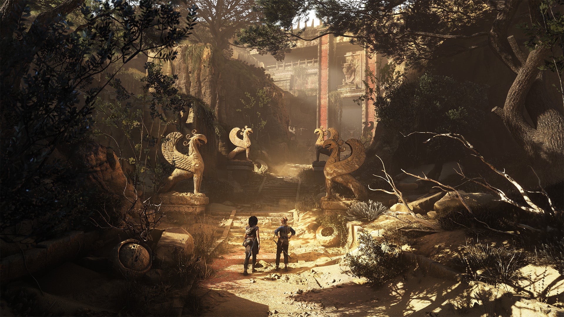 Two characters explore the outside of a ruin in Resonance: A Plague Tale Legacy.