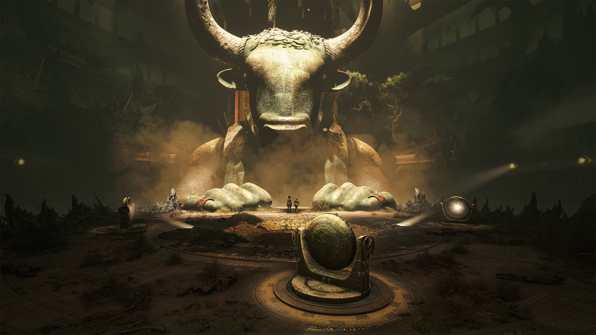 Two characters stand before an enormous Minotaur statue. It's a screenshot from Resonance: A Plague Tale Legacy.