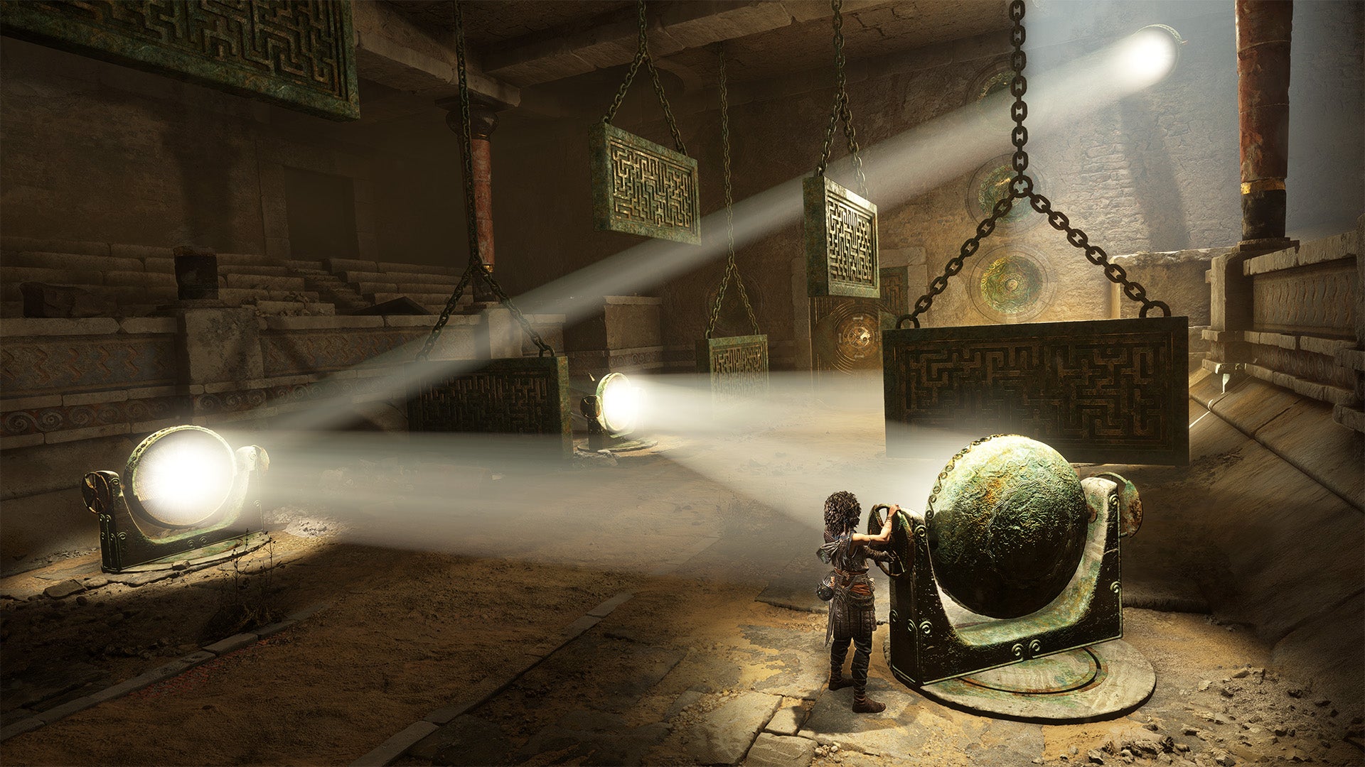 A curly haired character manipulates large gong-like contraptions to bounce sunlight around a large chamber. It's a screenshot from Resonance: A Plague Tale Legacy.