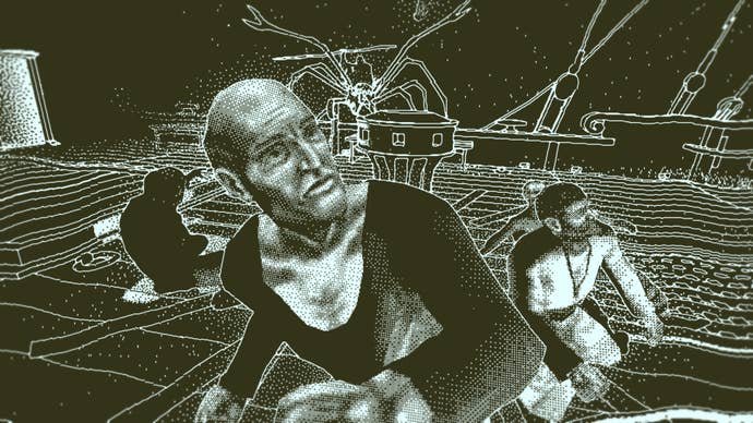 Sea men look up on the deck of a ship in Return Of The Obra Dinn