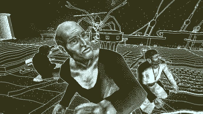 Sea men look up on the deck of a ship in Return Of The Obra Dinn
