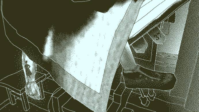 A sailor sleeps in a hammock with his arm and leg out in Return Of The Obra Dinn