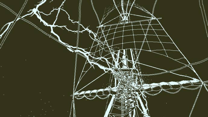A bolt of lightning strikes the mast of the ship in Return Of The Obra Dinn