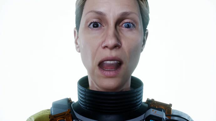 Close up of Selene from Returnal with shocked face