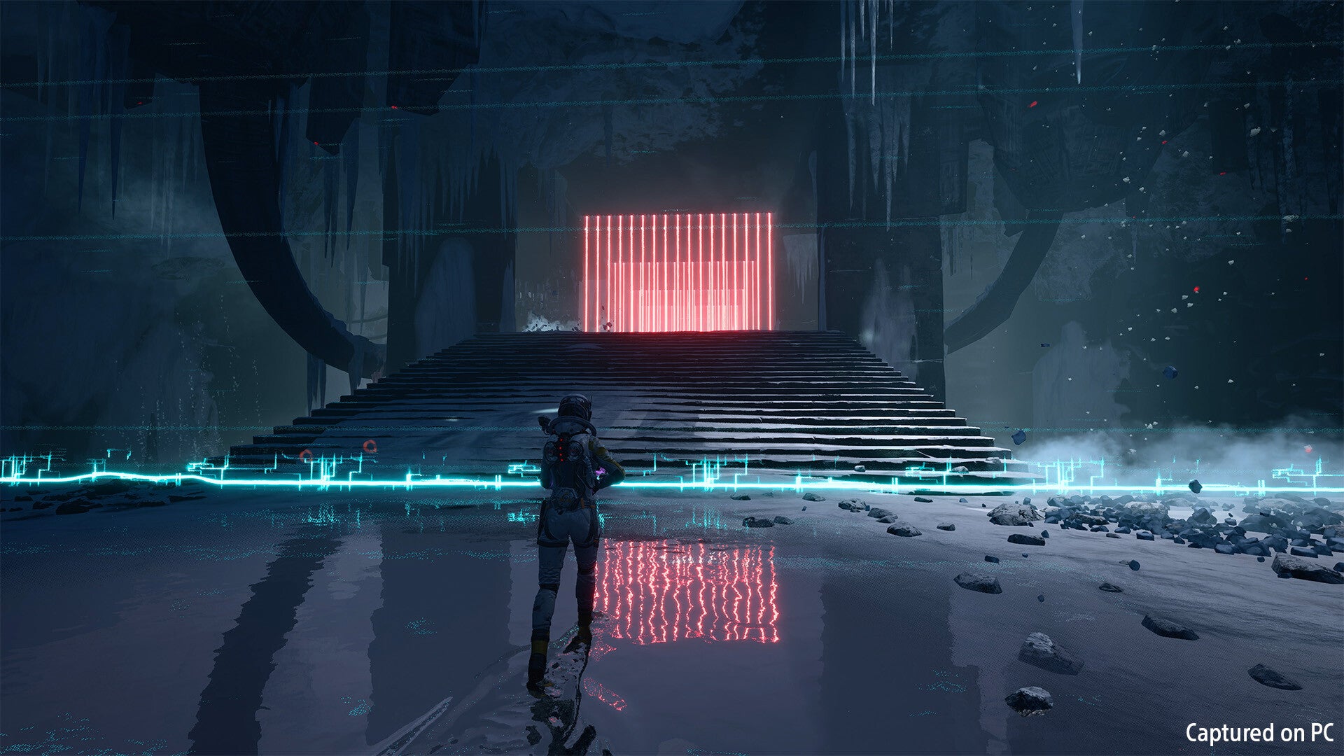 In Returnal, Selene approaches a large staircase with several lethal laser grids waiting at the top.