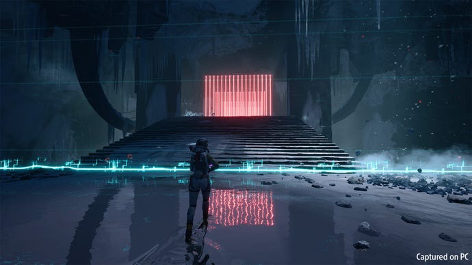 In Returnal, Selene approaches a large staircase with several lethal laser grids waiting at the top.