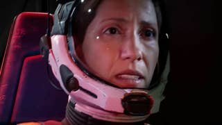 Returnal trailer screenshot showing Selene, a female astronaut, in a space suit and helmet looking concerned as her craft crashes
