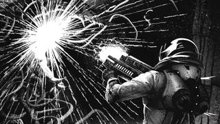 Returnal animated comic screenshot in black and white showing Selene aiming a gun at an exploding light