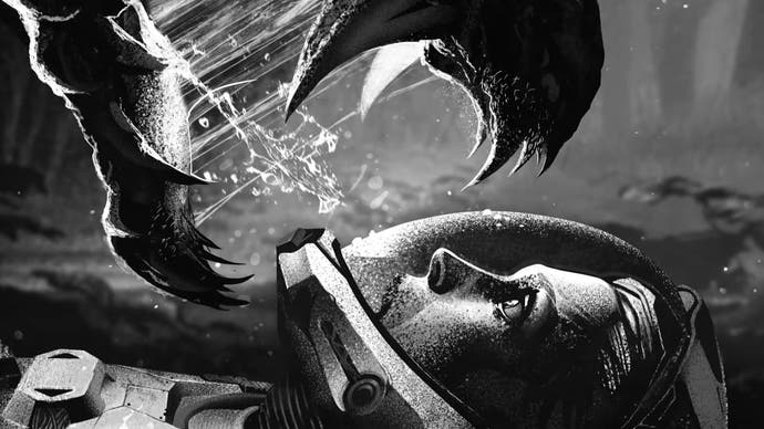Returnal animated comic screenshot in black and white showing alien jaws over Selene in space suit
