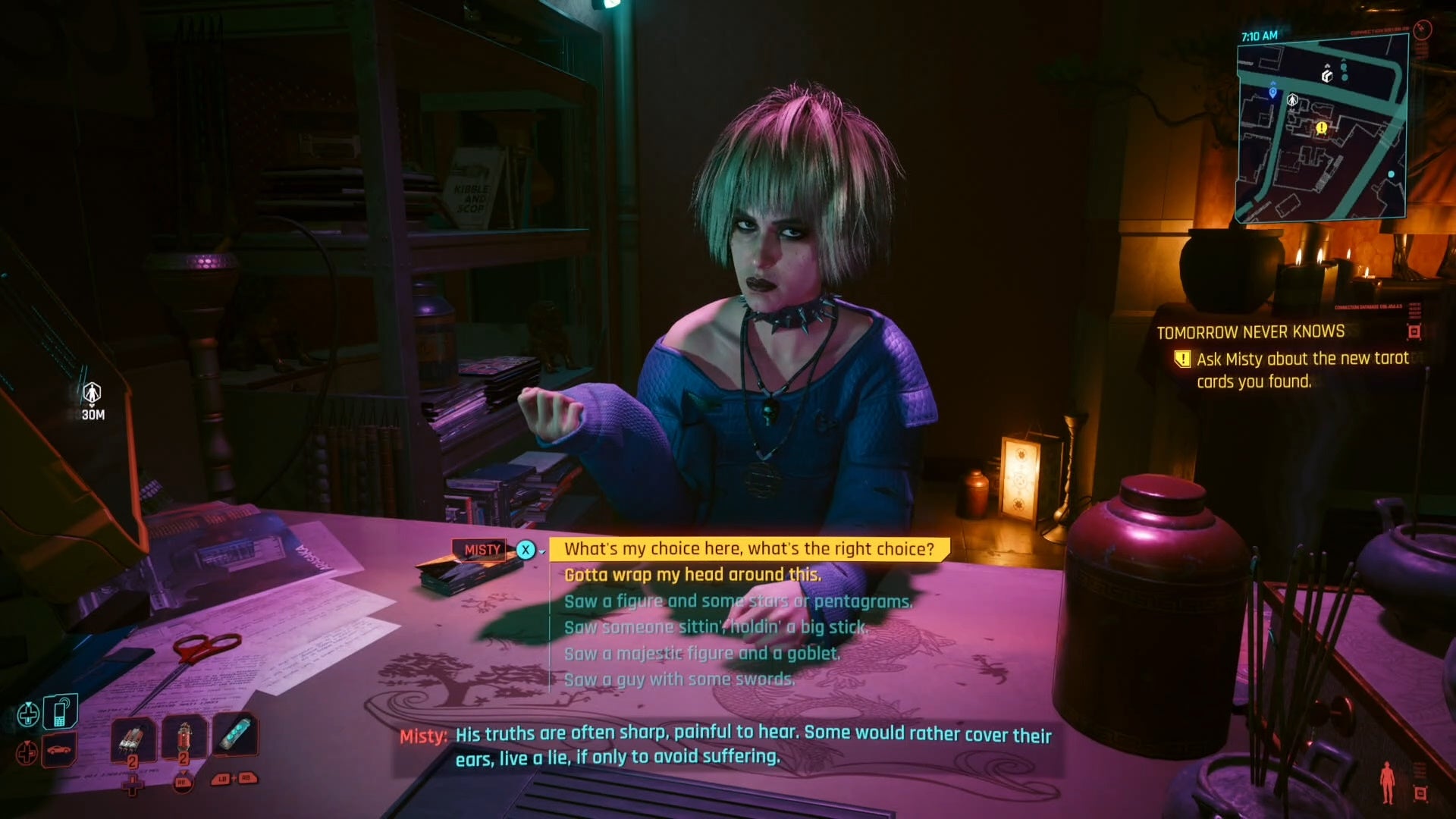 first person view of speaking to misty in her shop about the tarot cards in phantom liberty