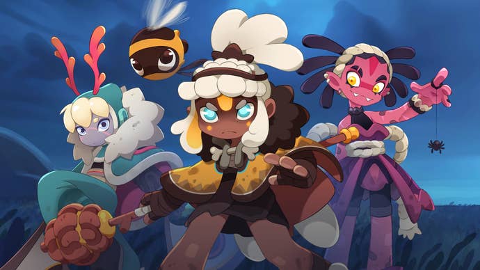 Key art for Rewilders showing a group of anthropomorphic bug-like characters standing against a blue background