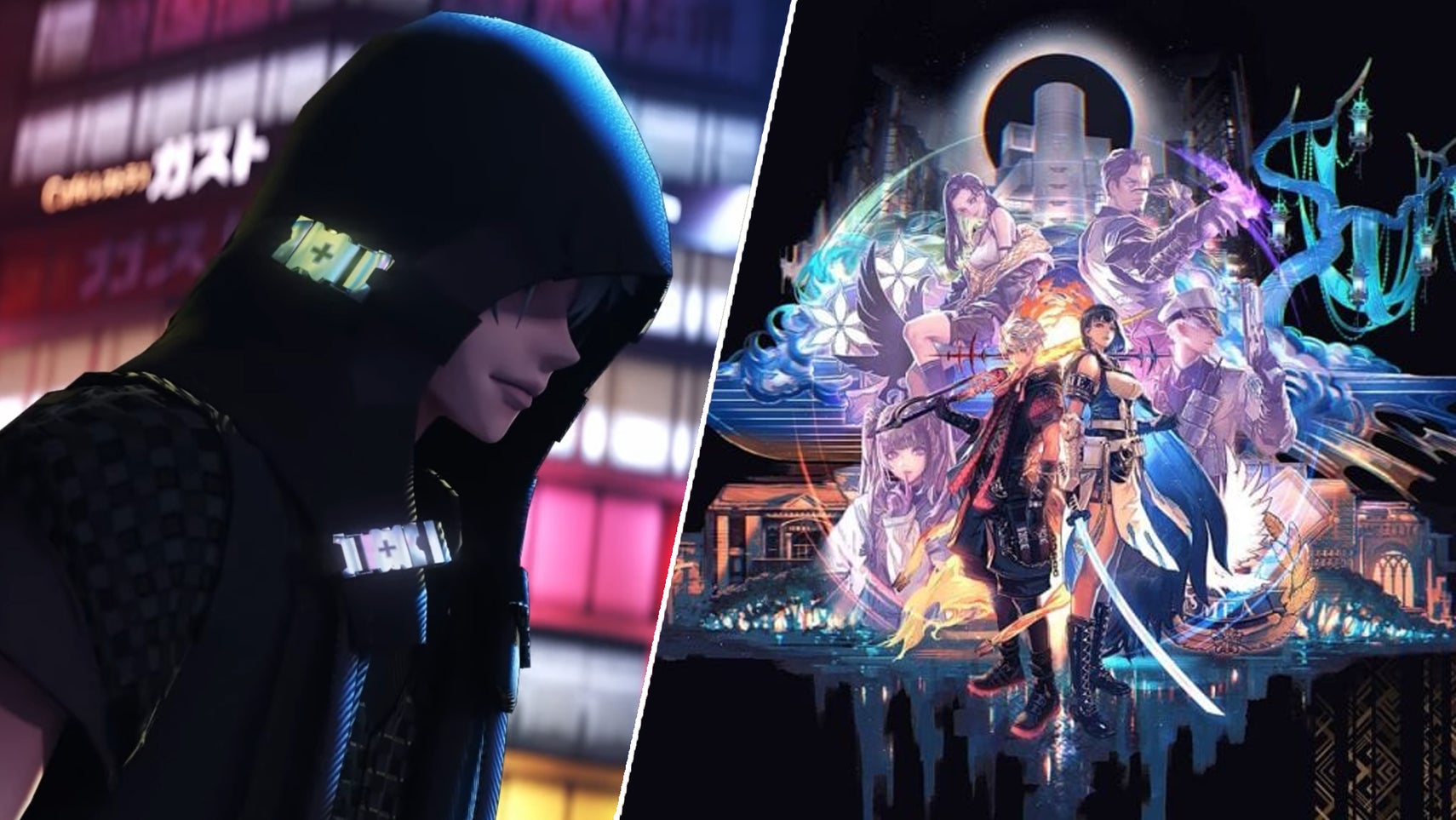 A person in a hoodie is walking through a city at night in Reynatis, key art of Reynatis showing the main cast of characters. - 1