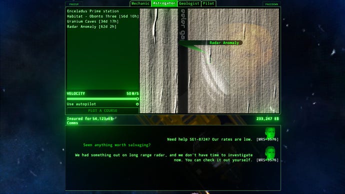 An event screen shows a radar anomaly on a nearby planet, Two characters chat about salvaging it in V: Rings of Saturn