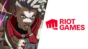 Ekko, the League of Legends fighter in Project L, up close in a taunt. Split image with the Riot logo in red on a white background.