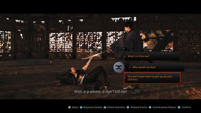 Rise of the Ronin Review 2 Kill or Spare - Capture d'écran de Rise of the Ronin montrant le joueur debout au-dessus de l'ennemi vaincu avec trois choix de dialogue, avec une option pour le tuer.