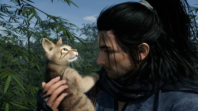 Rise of the Ronin screenshot showing a character holding a cat in their arms