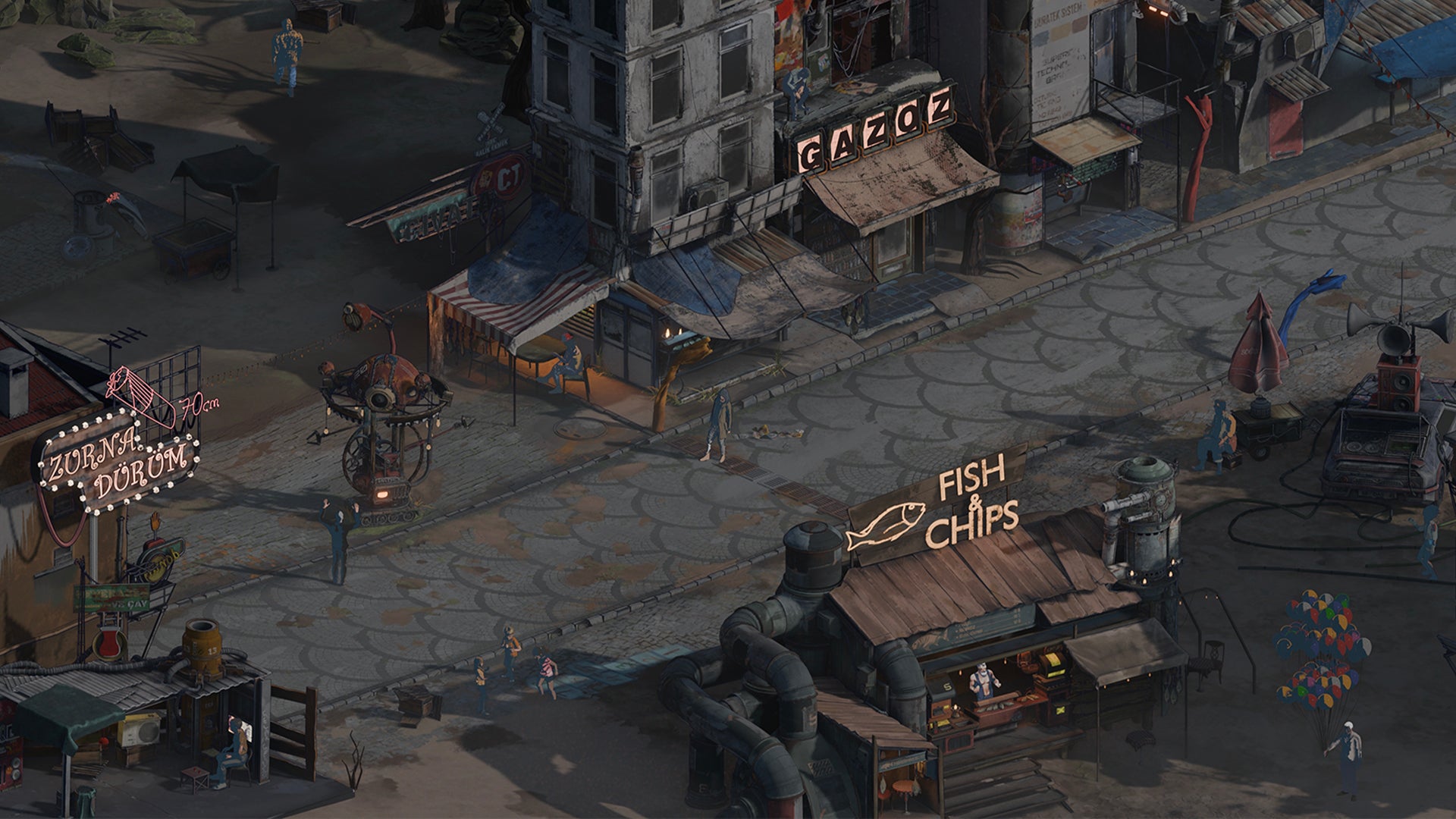 A street lined with food stalls and taller buildings in the Istanbul-set RPG Pera Coda - 4