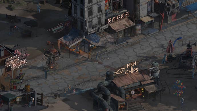 A street lined with food stalls and taller buildings in the Istanbul-set RPG Pera Coda