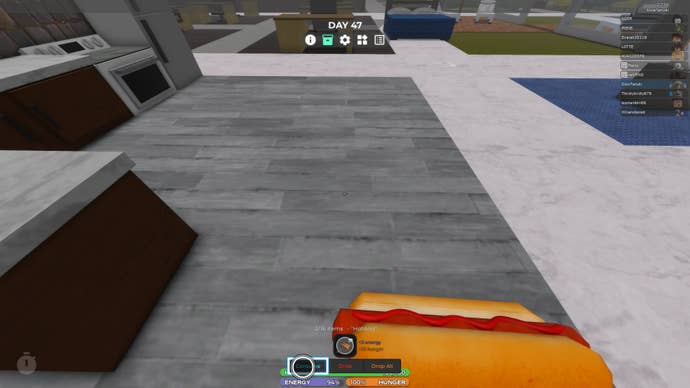 A character eating a hot dog in the Roblox game, 3008.