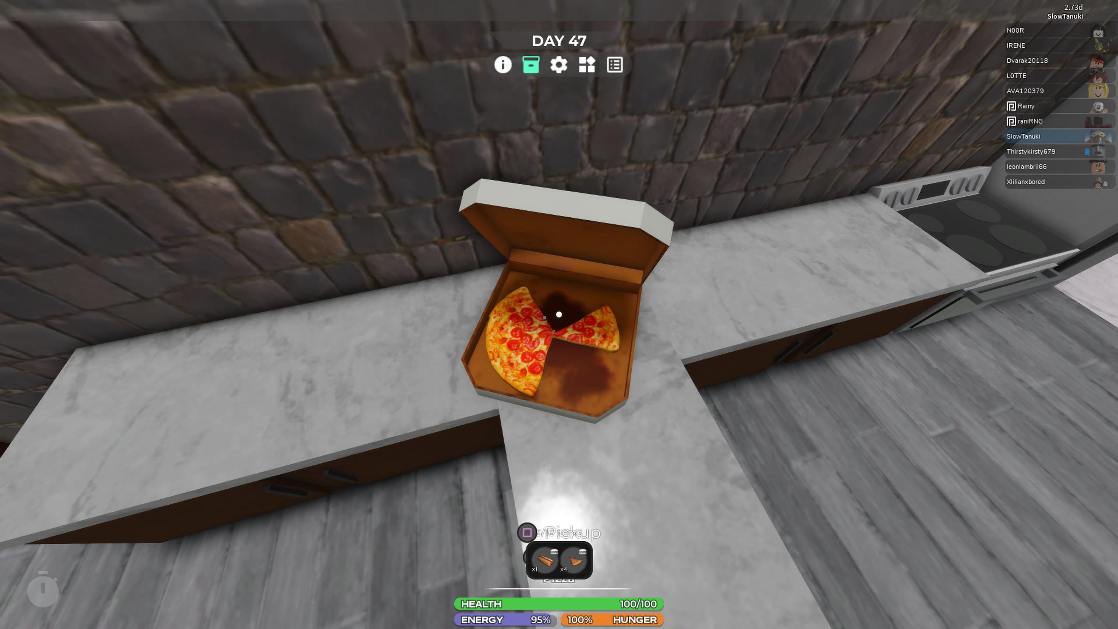 An open pizza box in the Roblox game, 3008.