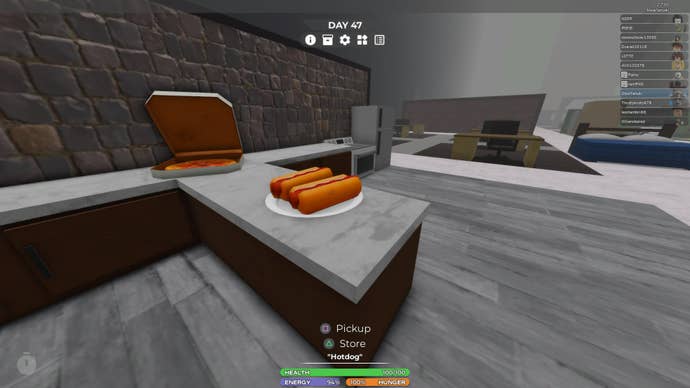 A hot dog on a kitchen counter in the Roblox game, 3008.