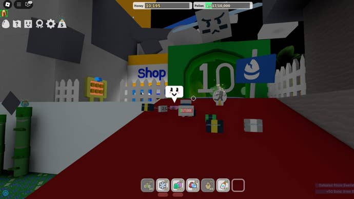 The player approaches Brave Bee Gate, which requires 10 bees to pass through, in Roblox’s Bee Swarm Simulator