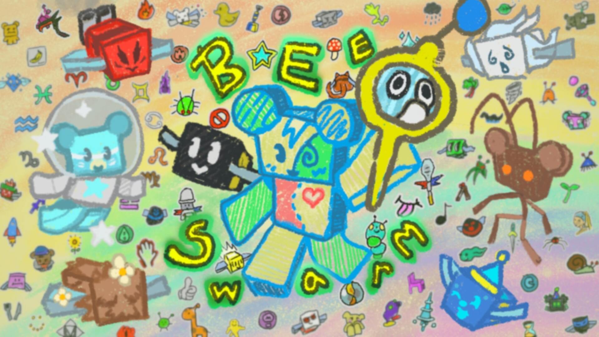 Key artwork featuring handdrawn images of bees, bears, and more for Roblox's Bee Swarm Simulator is shown - 1