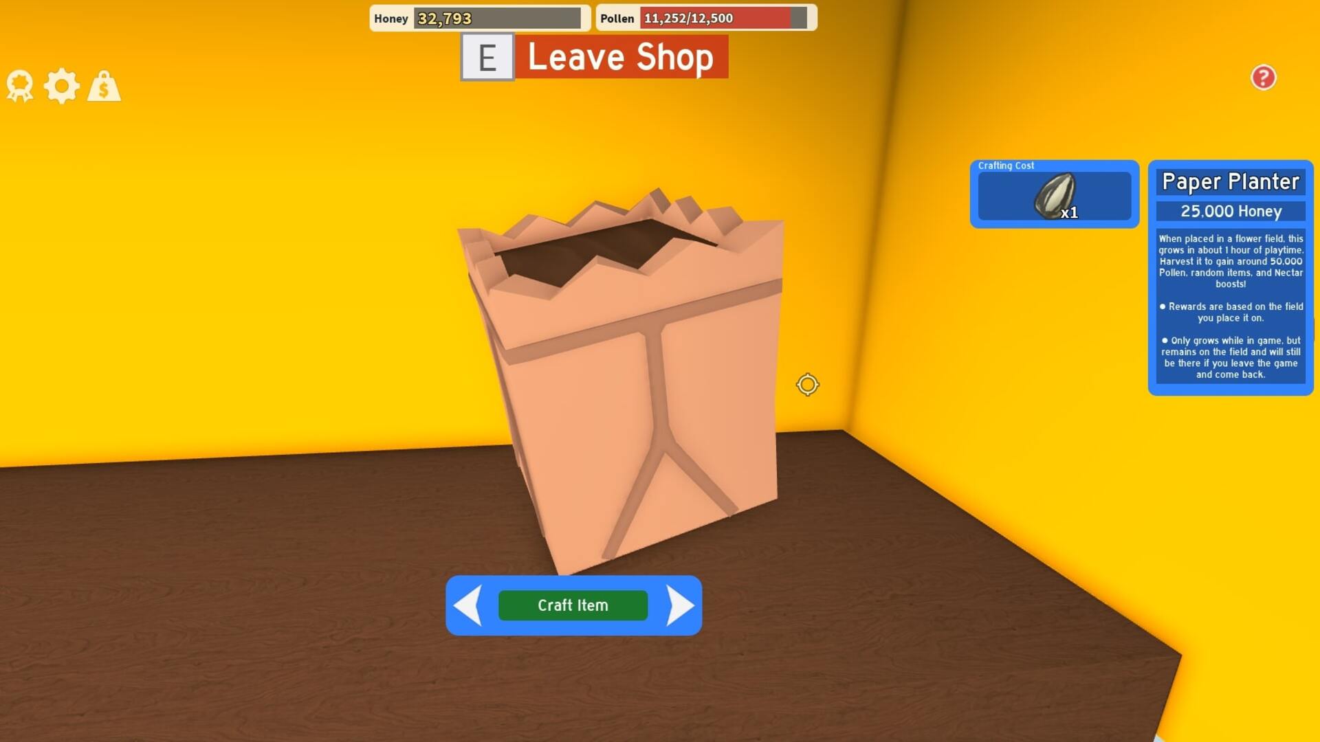 The player looks at purchasing the Paper Planter from the Pro Shop in Roblox's Bee Swarm Simulator - 5