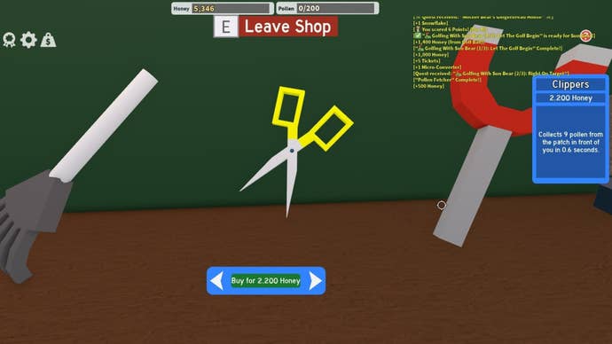 The player looks at the Clippers item in the Noob Shop in Roblox's Bee Swarm Simulator