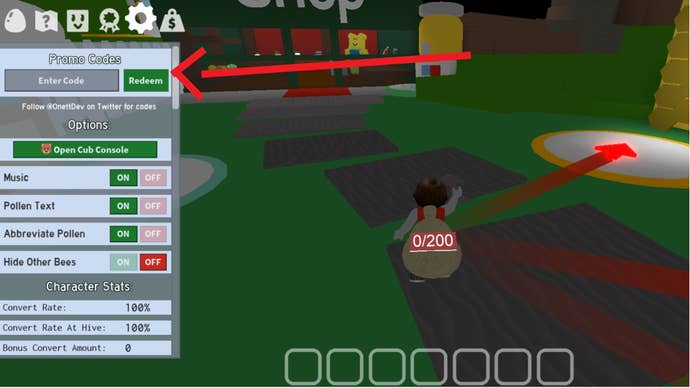 Roblox Bee Swarm Simulator Code Redemption Menu on the left side of the screen. An arrow is pointing at the code redemption box.