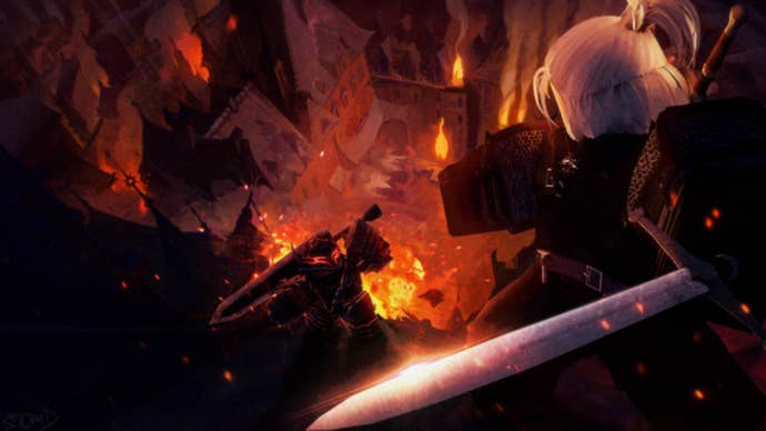 Roblox Combat Warriors official art, a warrior-like figure is standing with their back to the screen on the right side of the image. They are holding a sword and looking into a hole filled with Lava.