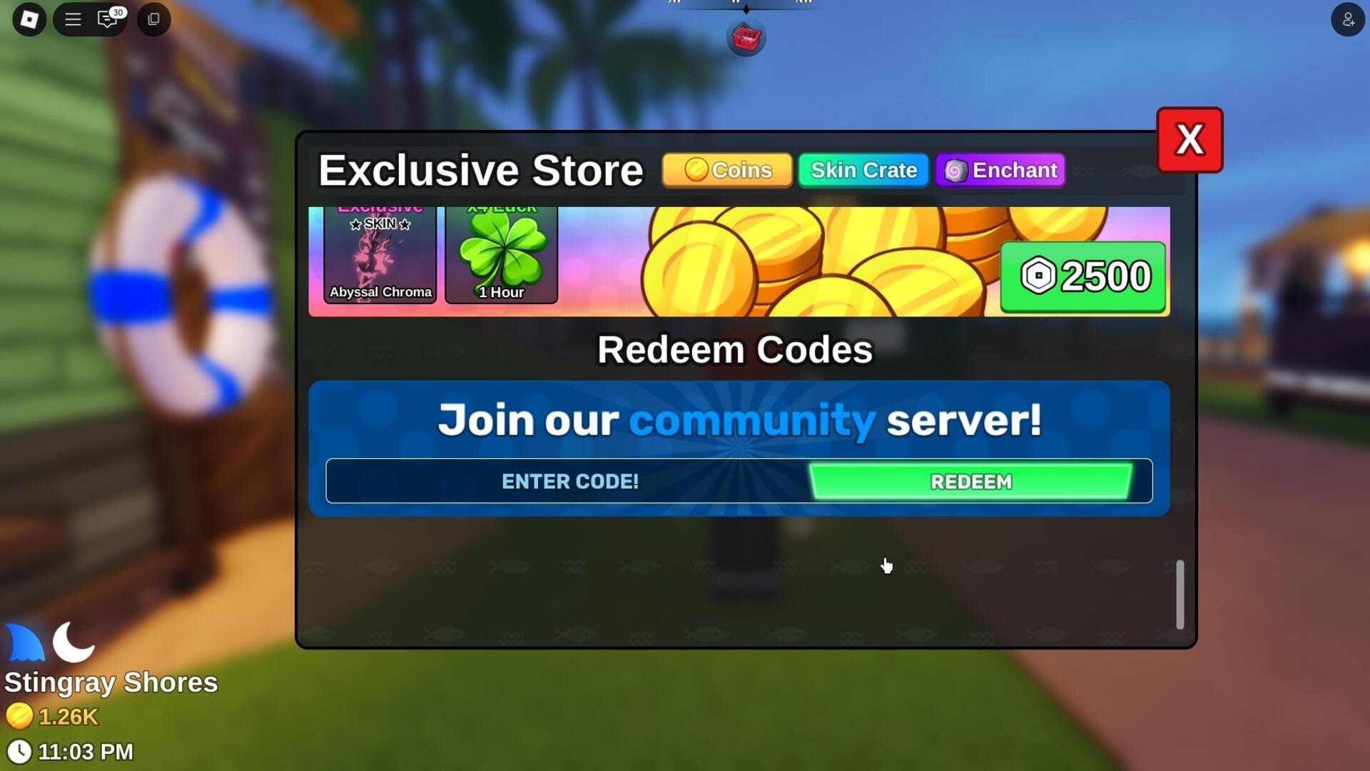 The code redemption box in Roblox's Fish It is shown - 3