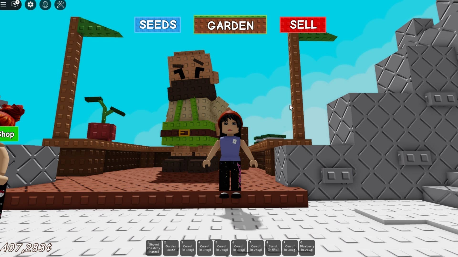 A Roblox character can be seen standing in front of event NPC, Goliath, at the top of the Beanstalk in Grow A Garden