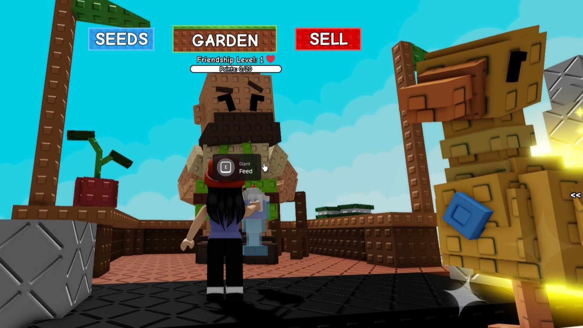 The player looks at the Giant in Grow a Garden, with the 'Feed' option available and his Golden Goose to the right - 3