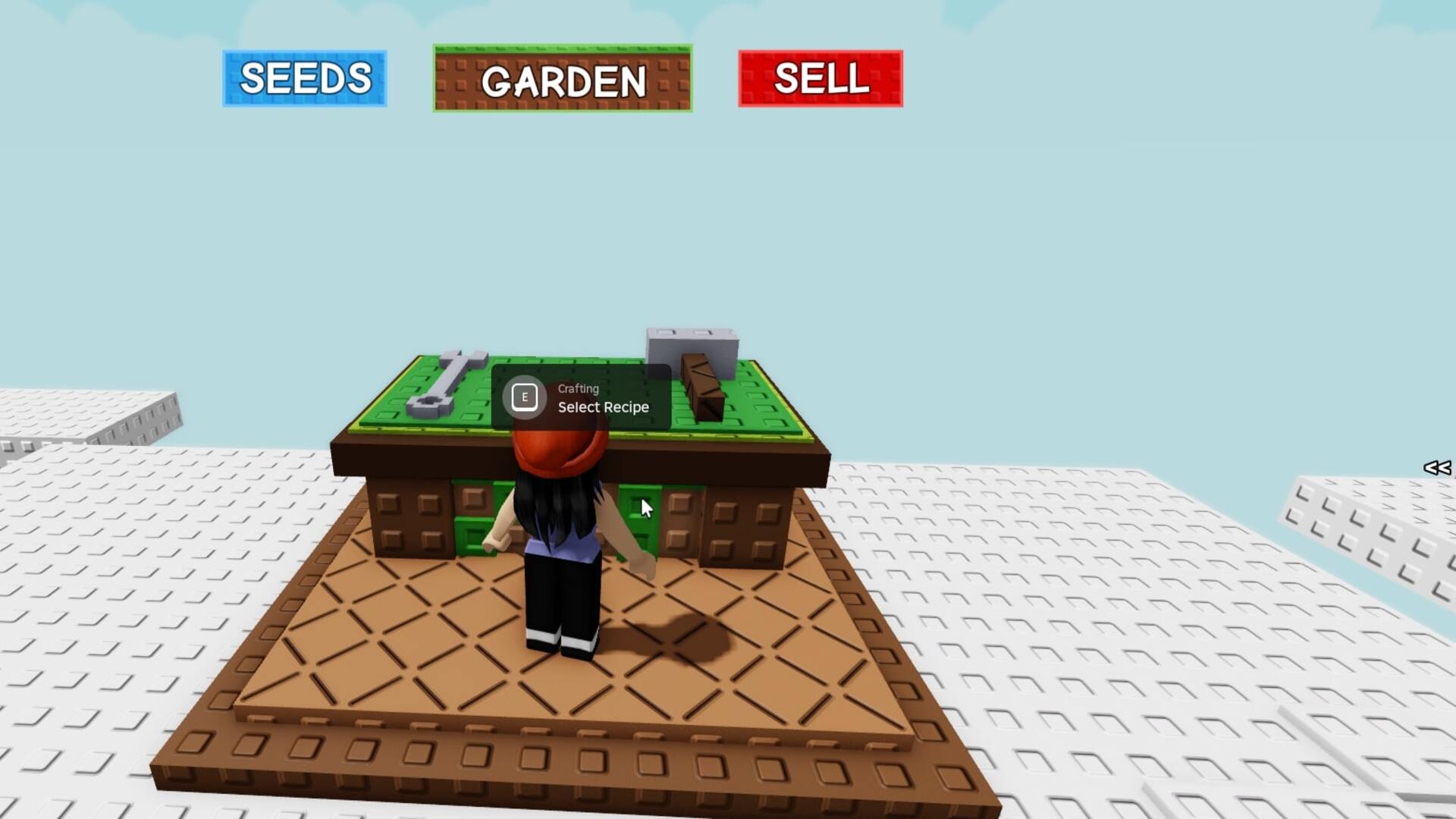 The player stands in front of the Giant's Crafting Table atop the Beanstalk in Grow a Garden - 3