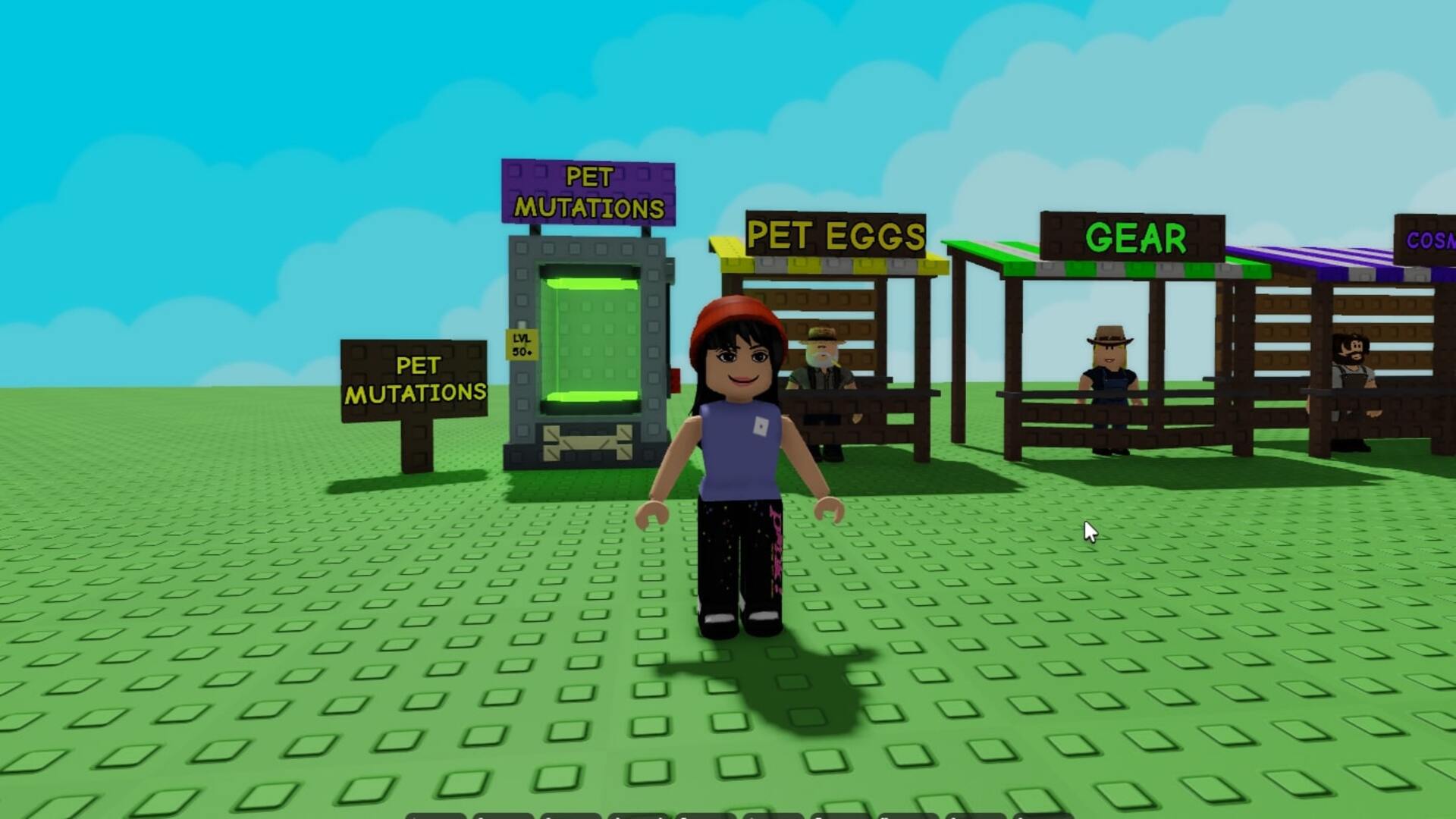 The player can be seen standing in front of the Pet Mutation Machine, Pet Egg Shop, and Gear Shop in Grow a Garden - 1