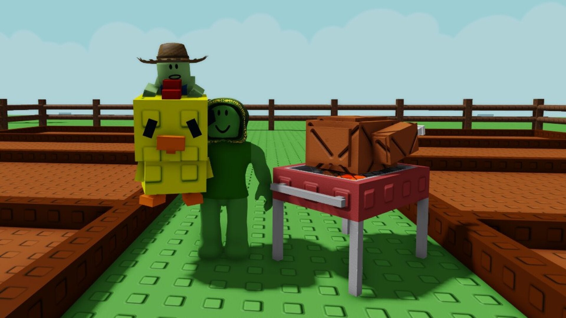 A player dressed as a green bean can be seen holding a chicken... while also barbecuing a chicken... in Roblox's Grow a Garden - 1