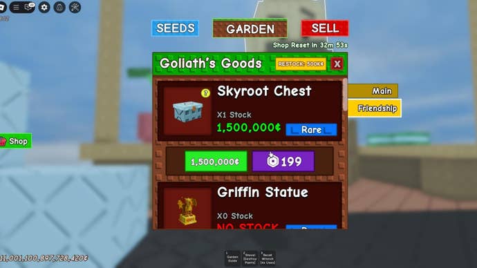 Skyroot's cache in the friendship store is shown in Grow a Garden