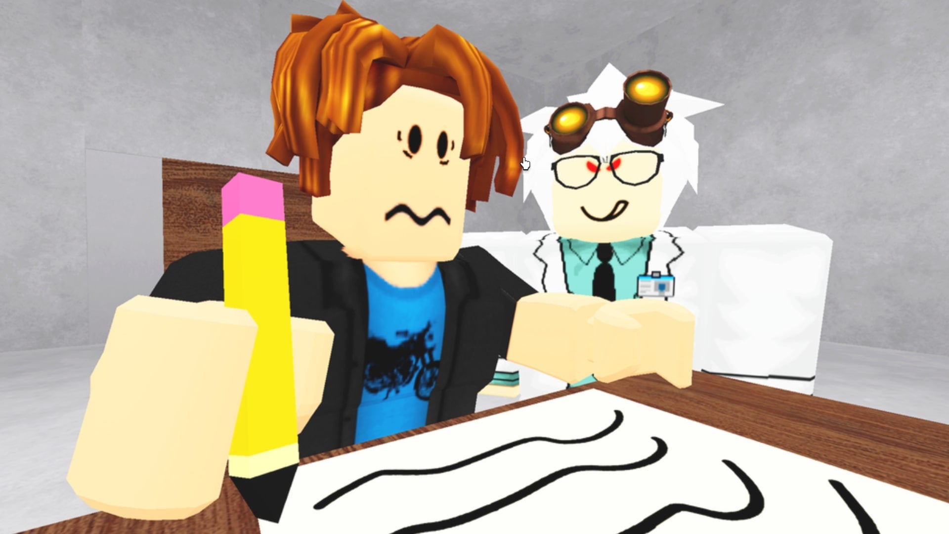 A default character in Roblox can be seen looking frustrated while studying with scientist, Sam, behind him in artwork for Roblox's IQ Test - 1