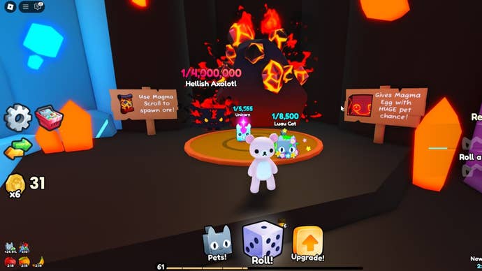 The player stands in front of the area where players can mine for Magma Ore in Roblox’s Pets GO