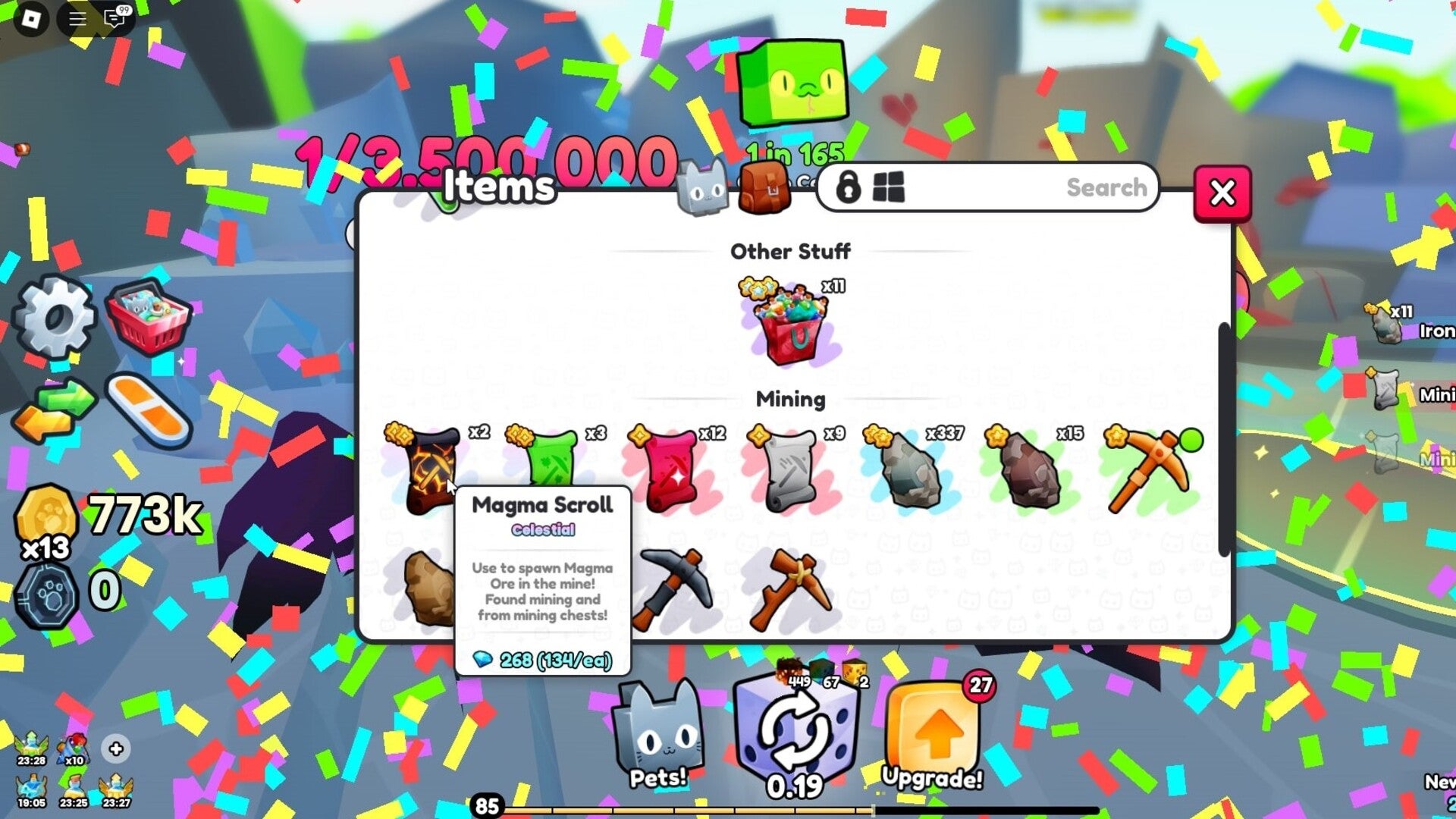 The player hovers over the Magma Scroll in their inventory in Roblox's Pets GO - 6