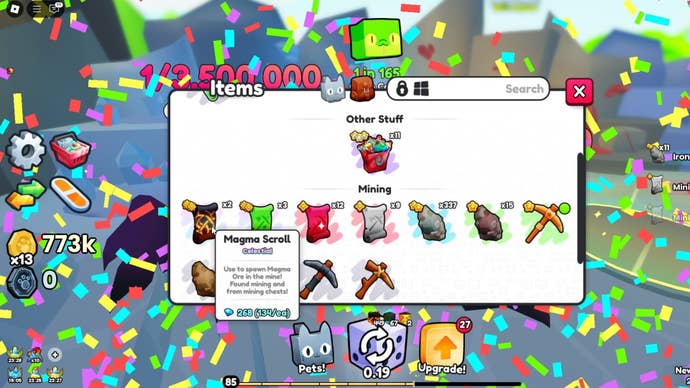 The player hovers over the Magma Scroll in their inventory in Roblox’s Pets GO