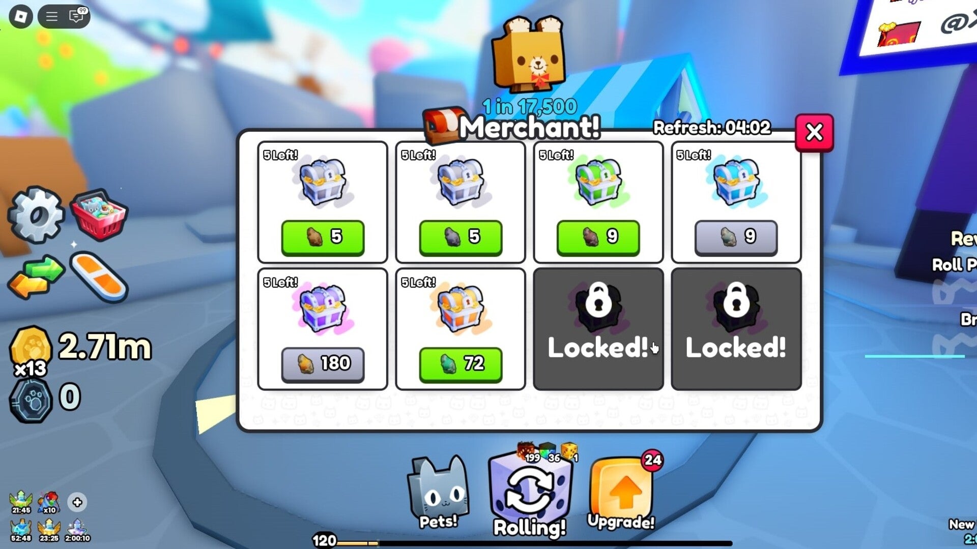 The player speaks to the Mining Merchant, who sells chests, in Roblox's Pets GO - 7