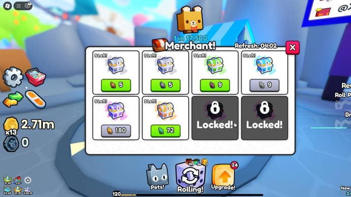 The player speaks to the Mining Merchant, who sells chests, in Roblox’s Pets GO