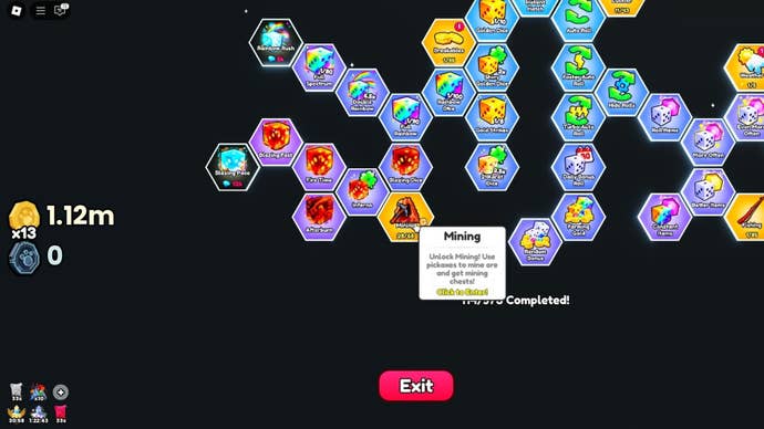 The player hovers over the Mining upgrade in the Upgrade Tree in Roblox’s Pets GO