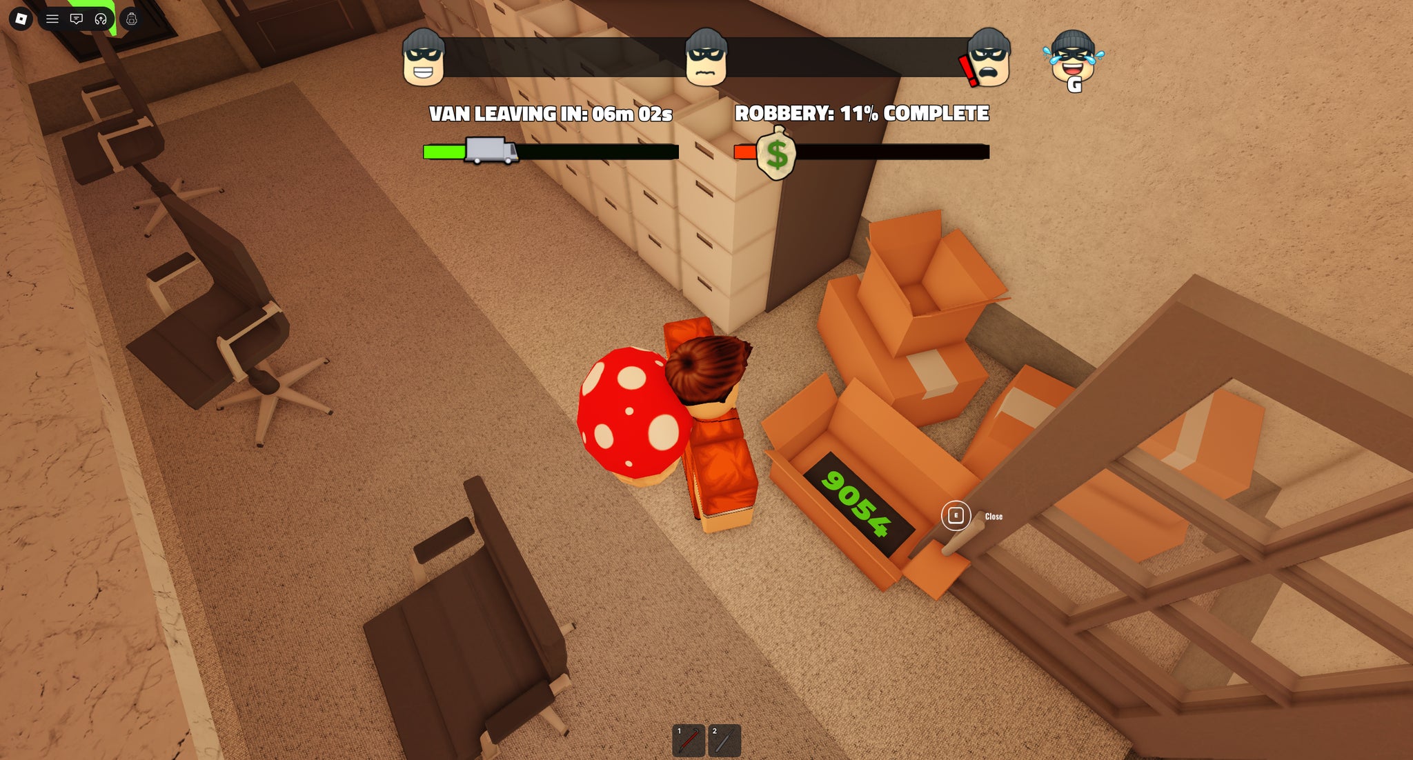 A character standing next to the bank code inside the box on the ground floor in the Roblox game, Rob It. - 3